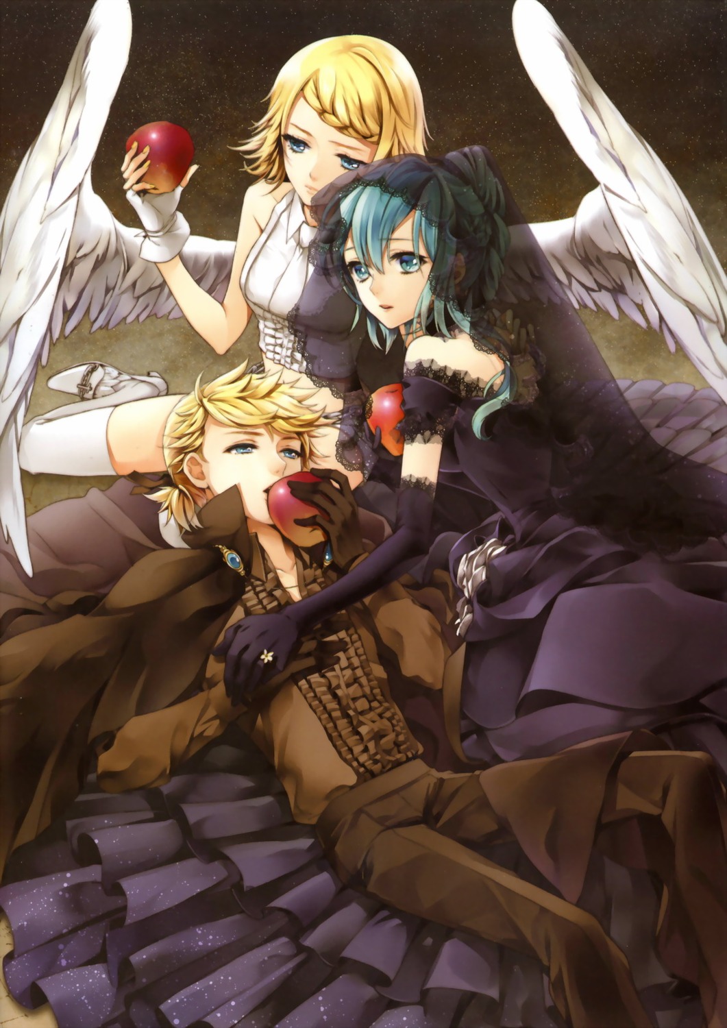 cocoon_(loveririn), dress, hatsune_miku, himitsu_~kuro_no_chikai~_(vocaloid), kagamine_len, kagamine_rin, thighhighs, vocaloid, wings