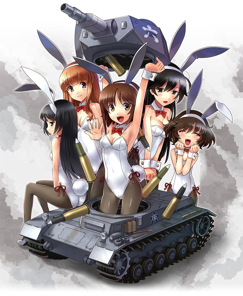 akiyama_yukari, animal_ears, bunny_ears, bunny_girl, cleavage, girls_und_panzer, isuzu_hana, marukata