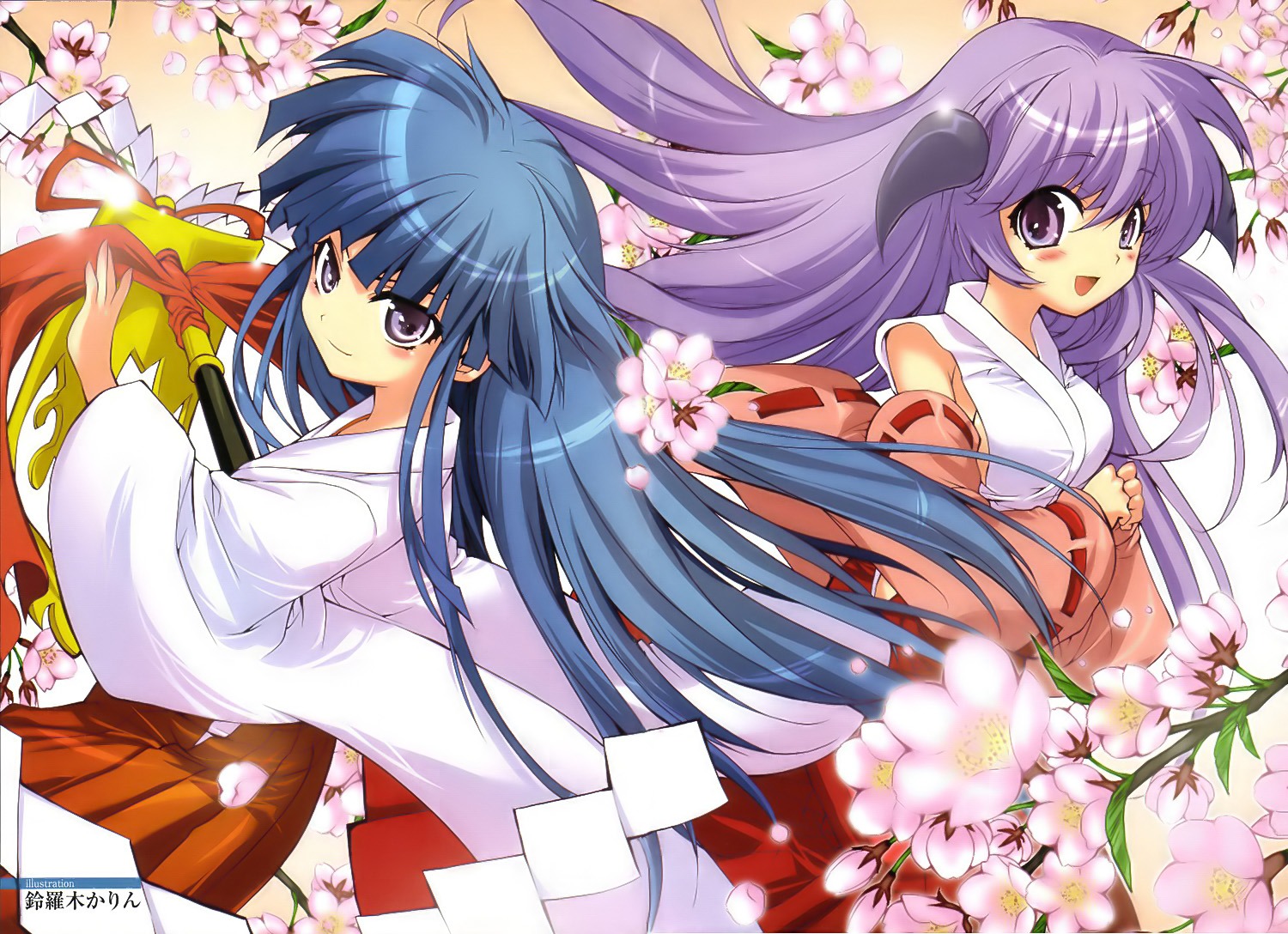furude_rika, hanyuu, higurashi_no_naku_koro_ni, horns, miko, suzuragi_karin