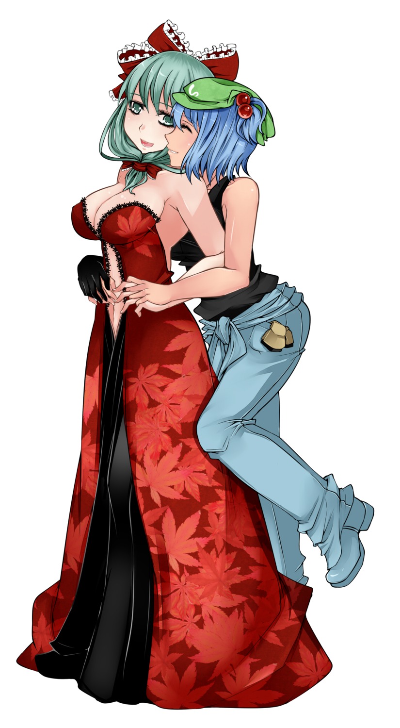 aoshima, cleavage, dress, kagiyama_hina, kawashiro_nitori, touhou, yuri