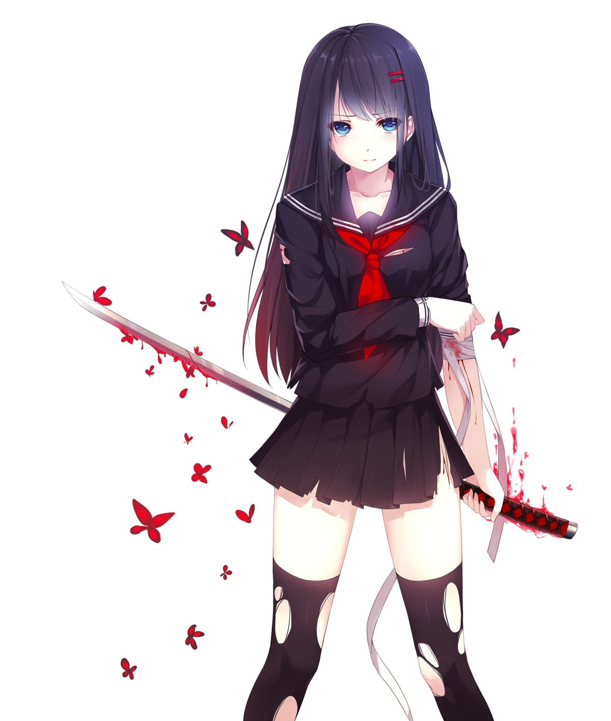 bandages, blood, caidychen, seifuku, sword, thighhighs, torn_clothes