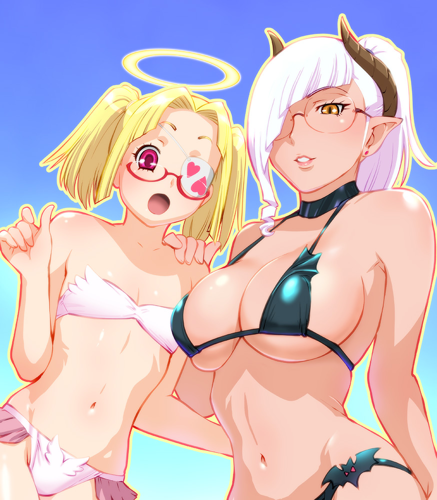 angel, bikini, cleavage, devil, eyepatch, horns, megane, swimsuits