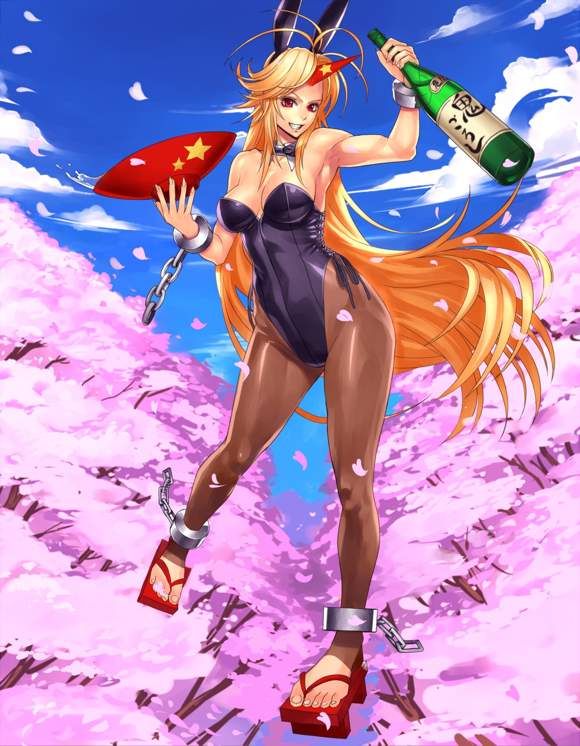 animal_ears, bunny_ears, bunny_girl, cleavage, horns, hoshiguma_yuugi, ogami, pantyhose