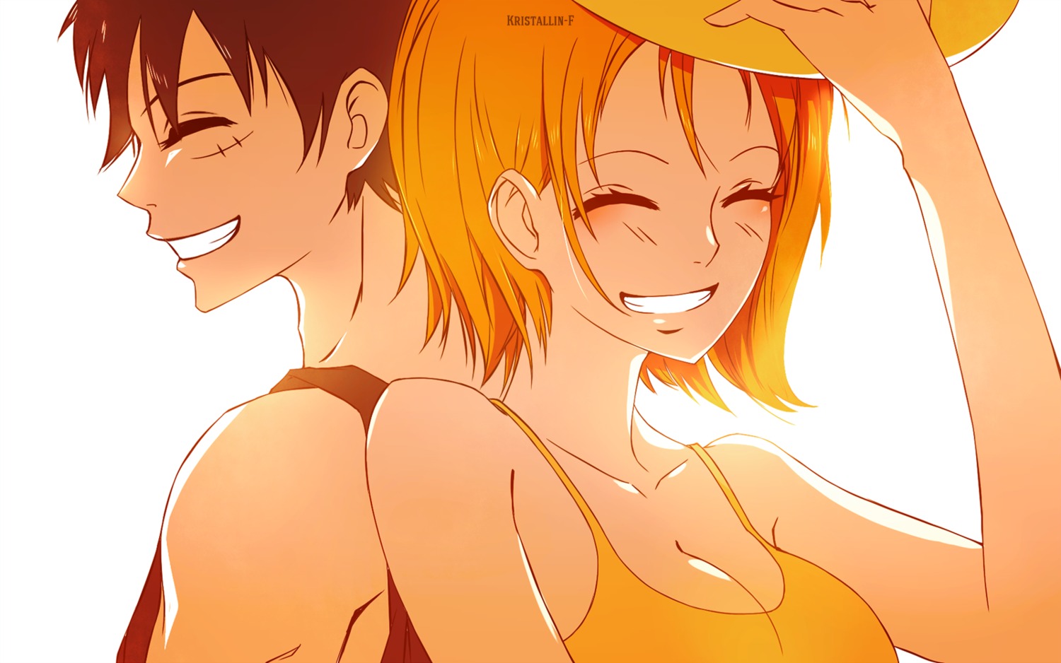 cleavage, kristallin-f, monkey_d_luffy, nami, one_piece, watermark