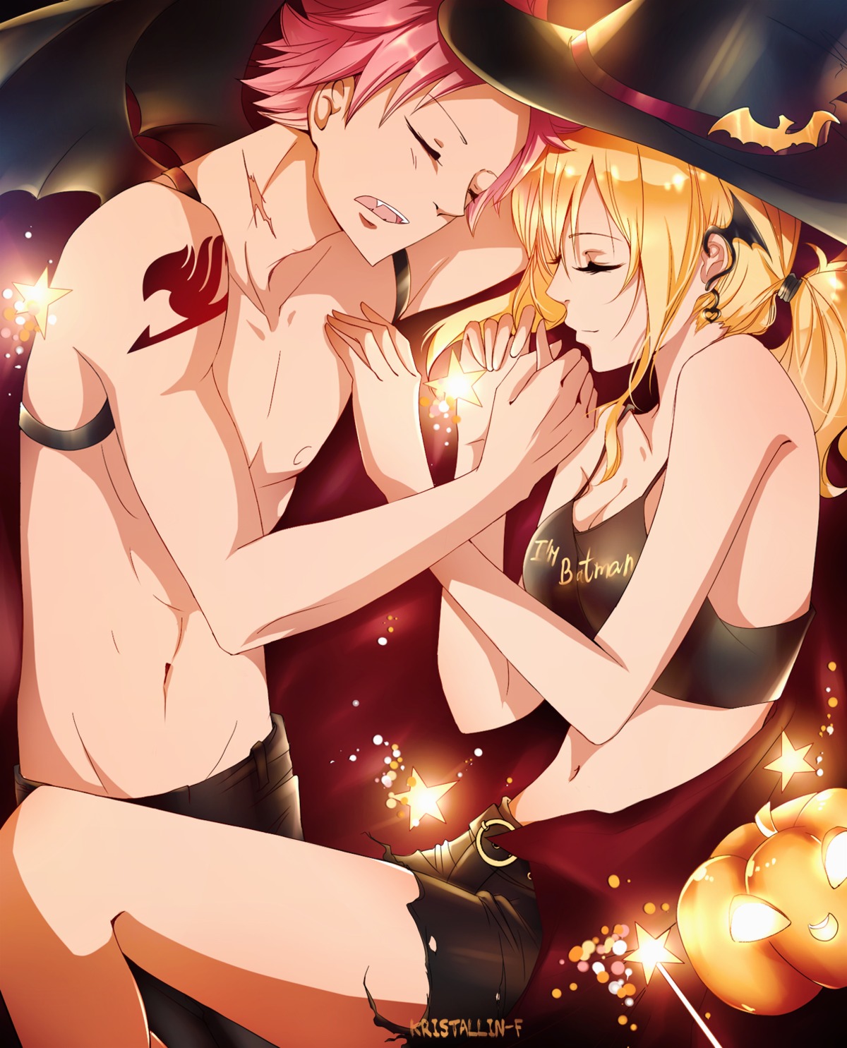 cleavage, fairy_tail, halloween, kristallin-f, lucy_heartfilia, natsu_dragneel, watermark, wings