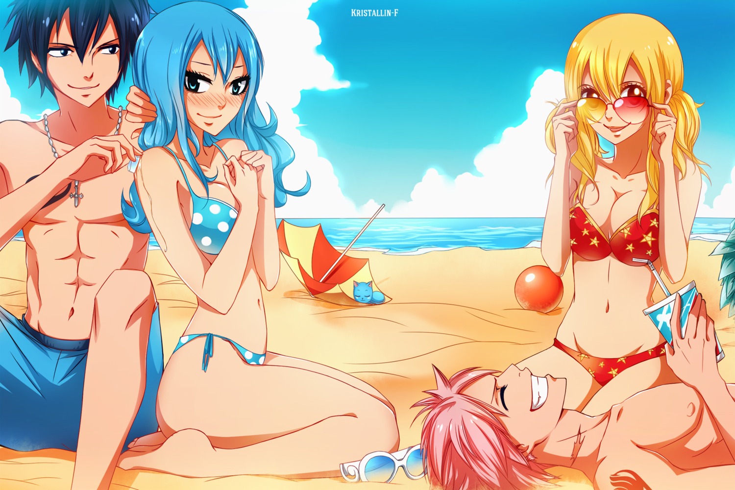 bikini, breast_hold, cleavage, fairy_tail, gray_fullbuster, happy_(fairy_tail), juvia_lockser, kristallin-f
