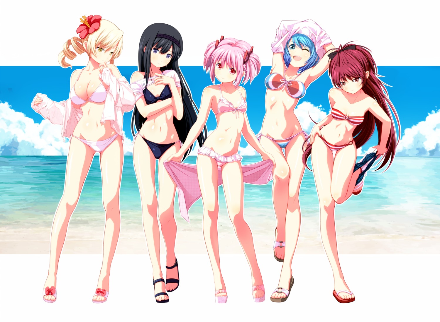 akemi_homura, bikini, cleavage, kaname_madoka, mahou_shoujo_madoka_magica, miki_sayaka, sakura_kyouko, swimsuits, tomoe_mami, tsukumo, undressing