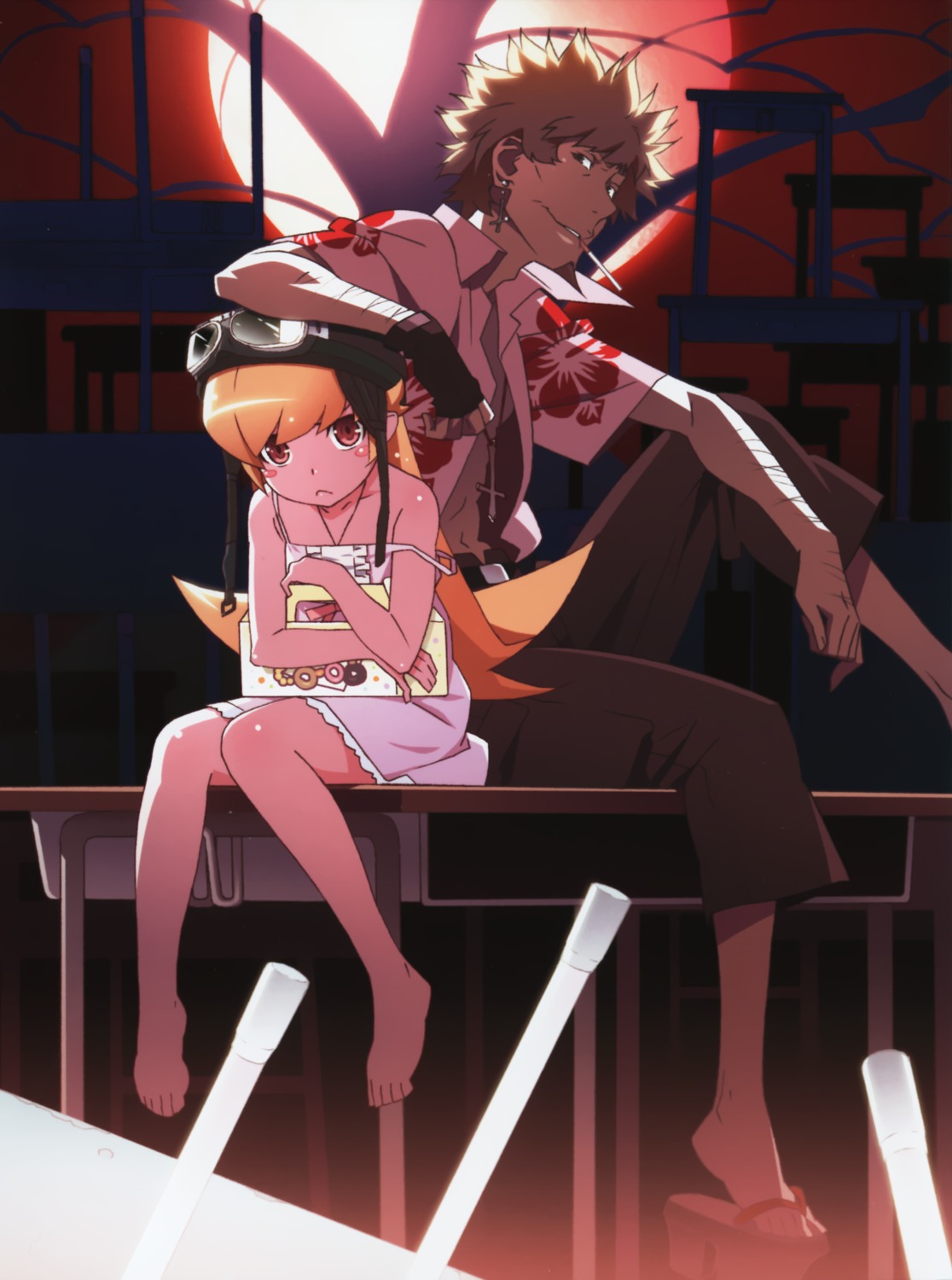 bakemonogatari, disc_cover, dress, monogatari_(series), nekomonogatari, open_shirt, oshino_meme, oshino_shinobu, smoking, summer_dress, watanabe_akio