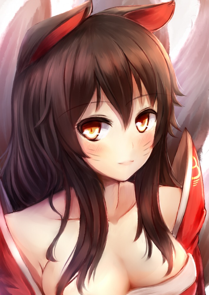 ahri, animal_ears, cleavage, kero_(tomoki-tiger), kitsune, league_of_legends, tail