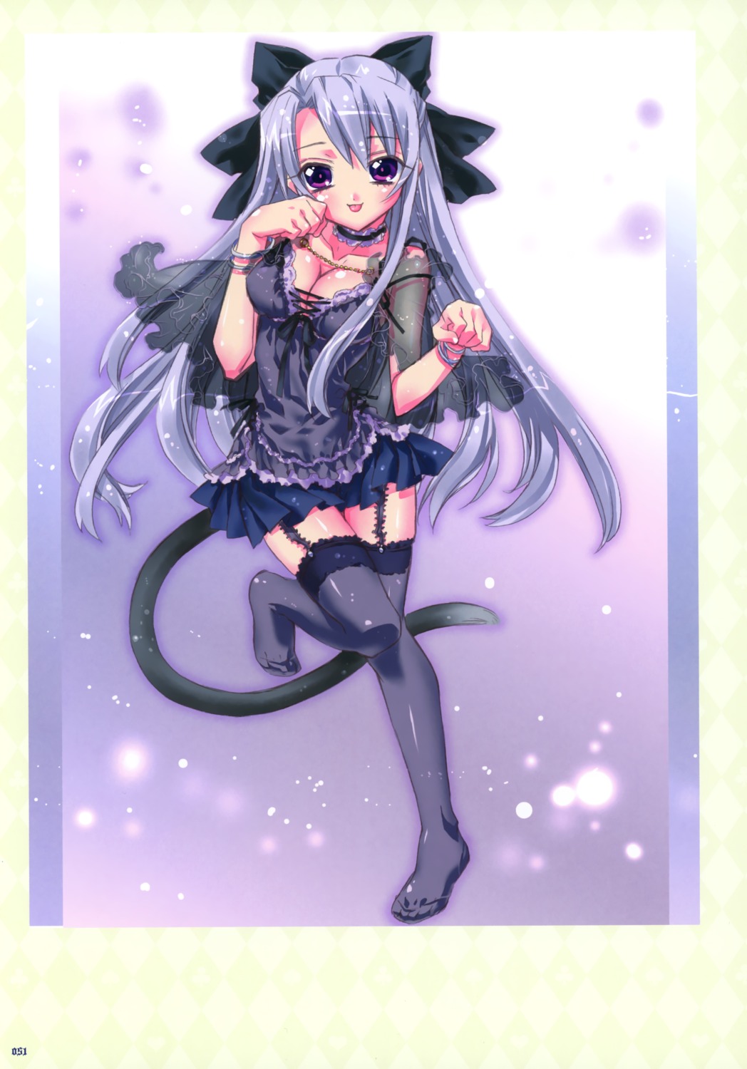 cleavage, dress, infinite_fantasia, kamiya_maneki, stockings, tail, thighhighs