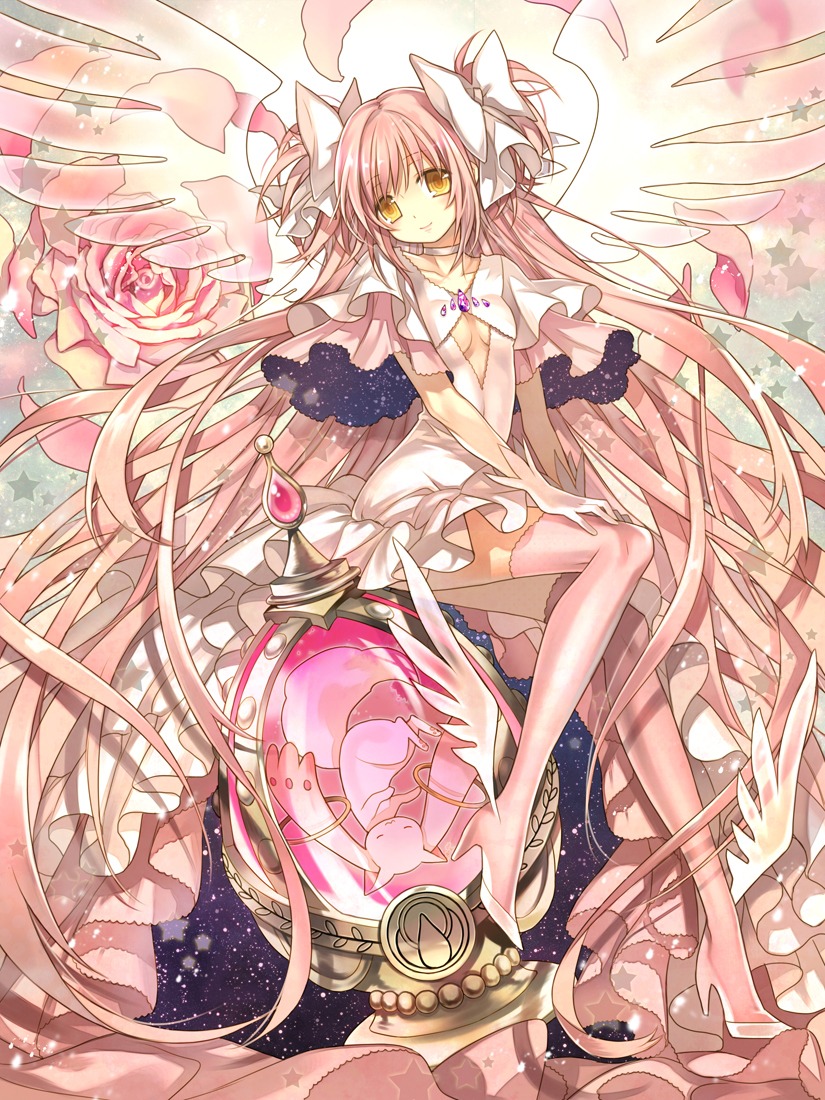 dress, kaname_madoka, kyubey, mahou_shoujo_madoka_magica, starpri, thighhighs, ultimate_madoka, wings