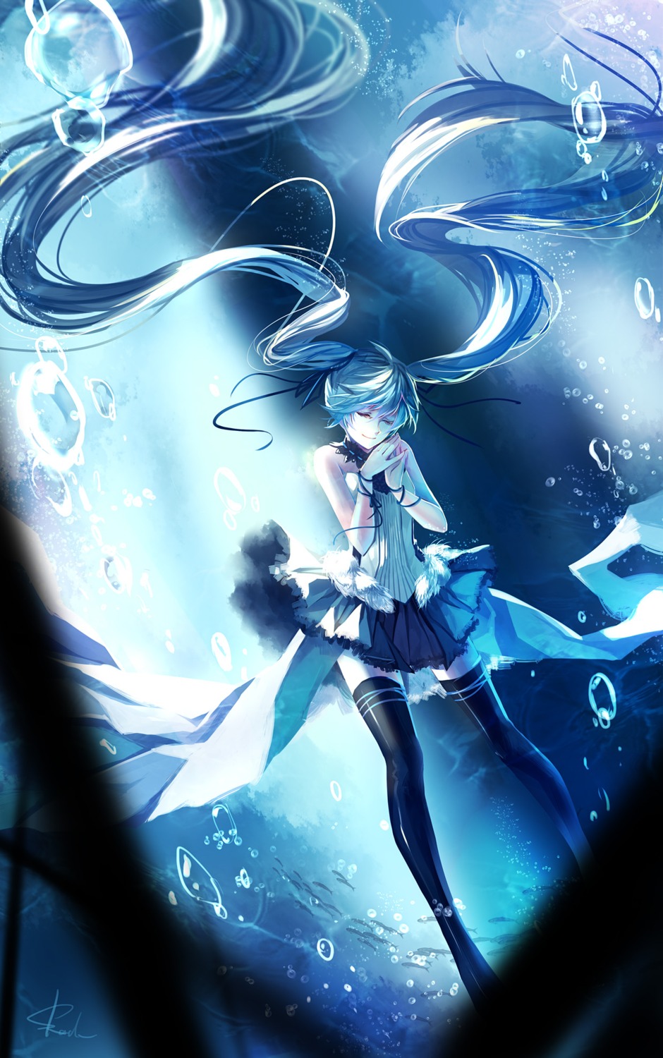 7th_dragon, 7th_dragon_2020, dress, hatsune_miku, skade, thighhighs, vocaloid