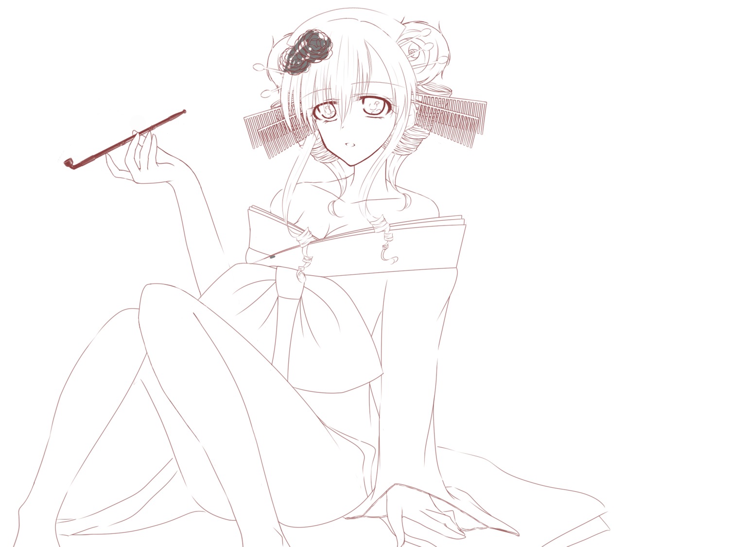 cleavage, kasane_teto, line_art, monochrome, ototsuki_akane, utau, yoshiwara_lament_(vocaloid)