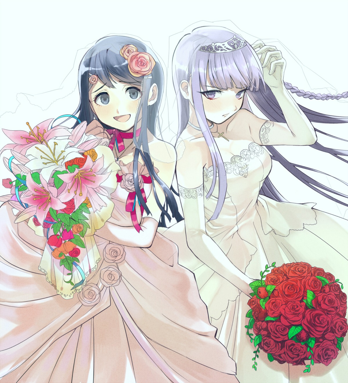 amaneku, dangan-ronpa, dress, kirigiri_kyouko, maizono_sayaka, wedding_dress