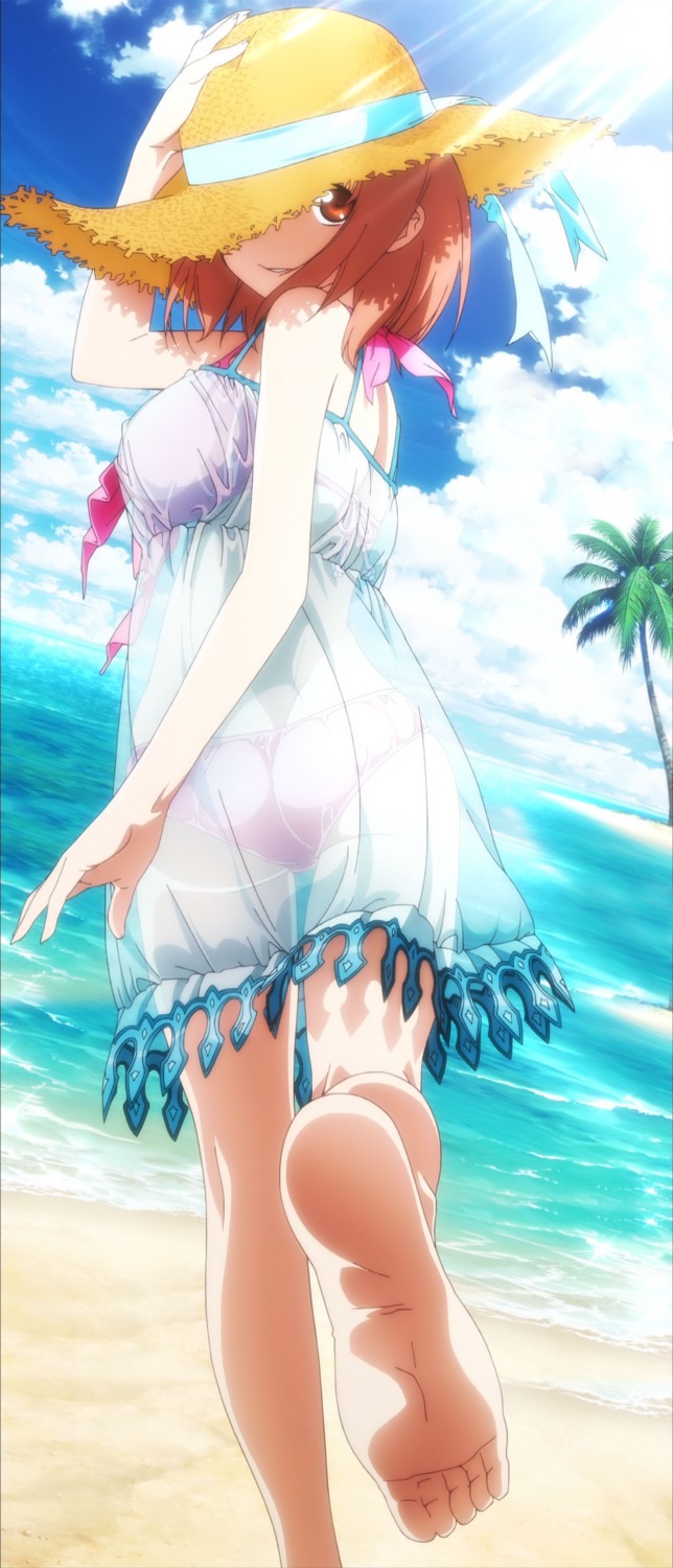 bikini, cap, dress, feet, hataraku_maou-sama!, hosoda_naoto, sasaki_chiho, see_through, summer_dress, swimsuits