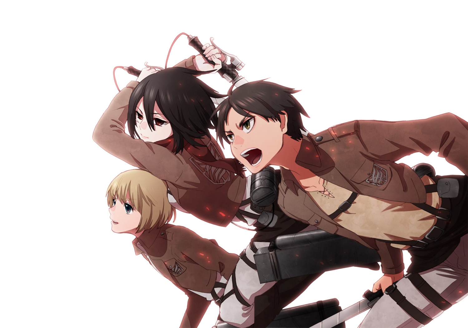 armin_arlelt, eren_jaeger, helmet_(musco2), mikasa_ackerman, shingeki_no_kyojin, sword, uniform