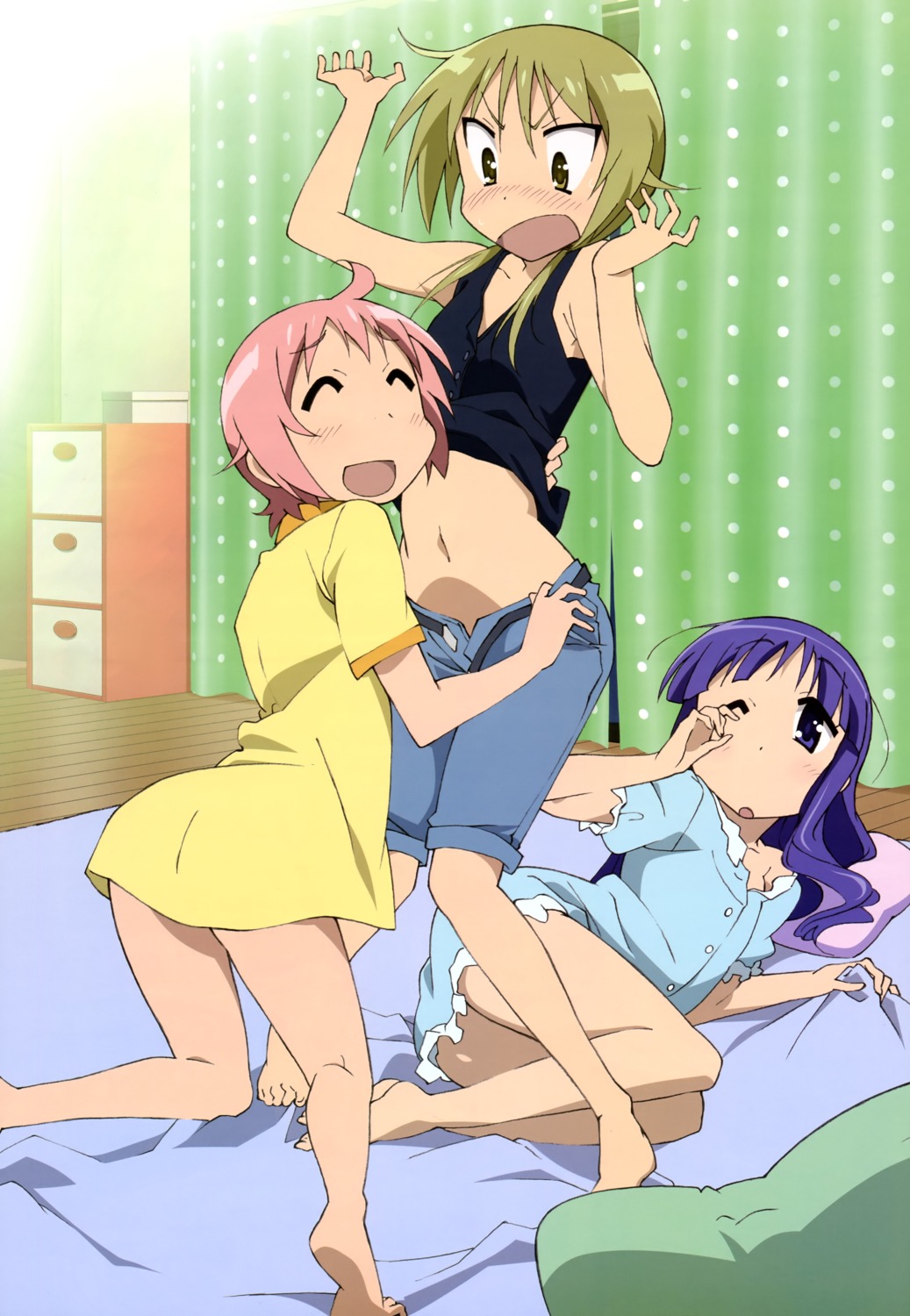 akazawa_eri, bottomless, hinata_yukari, ichii_yui, nonohara_yuzuko, pajama, shirt_lift, undressing, yuri, yuyushiki