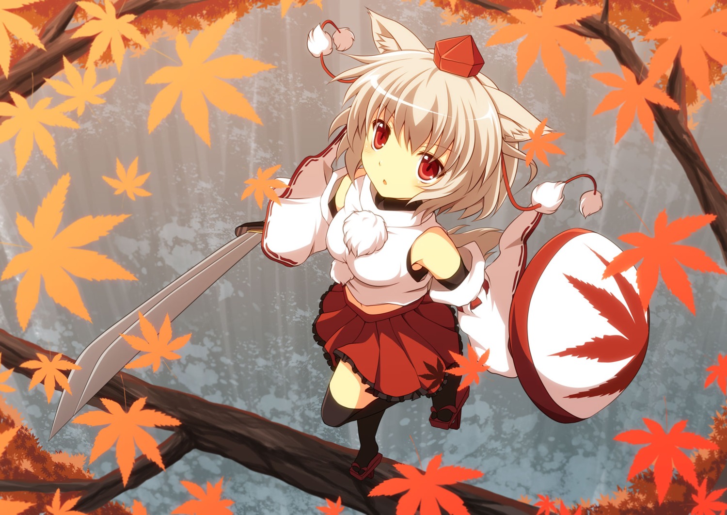 animal_ears, cross, inubashiri_momiji, sword, tail, thighhighs, touhou