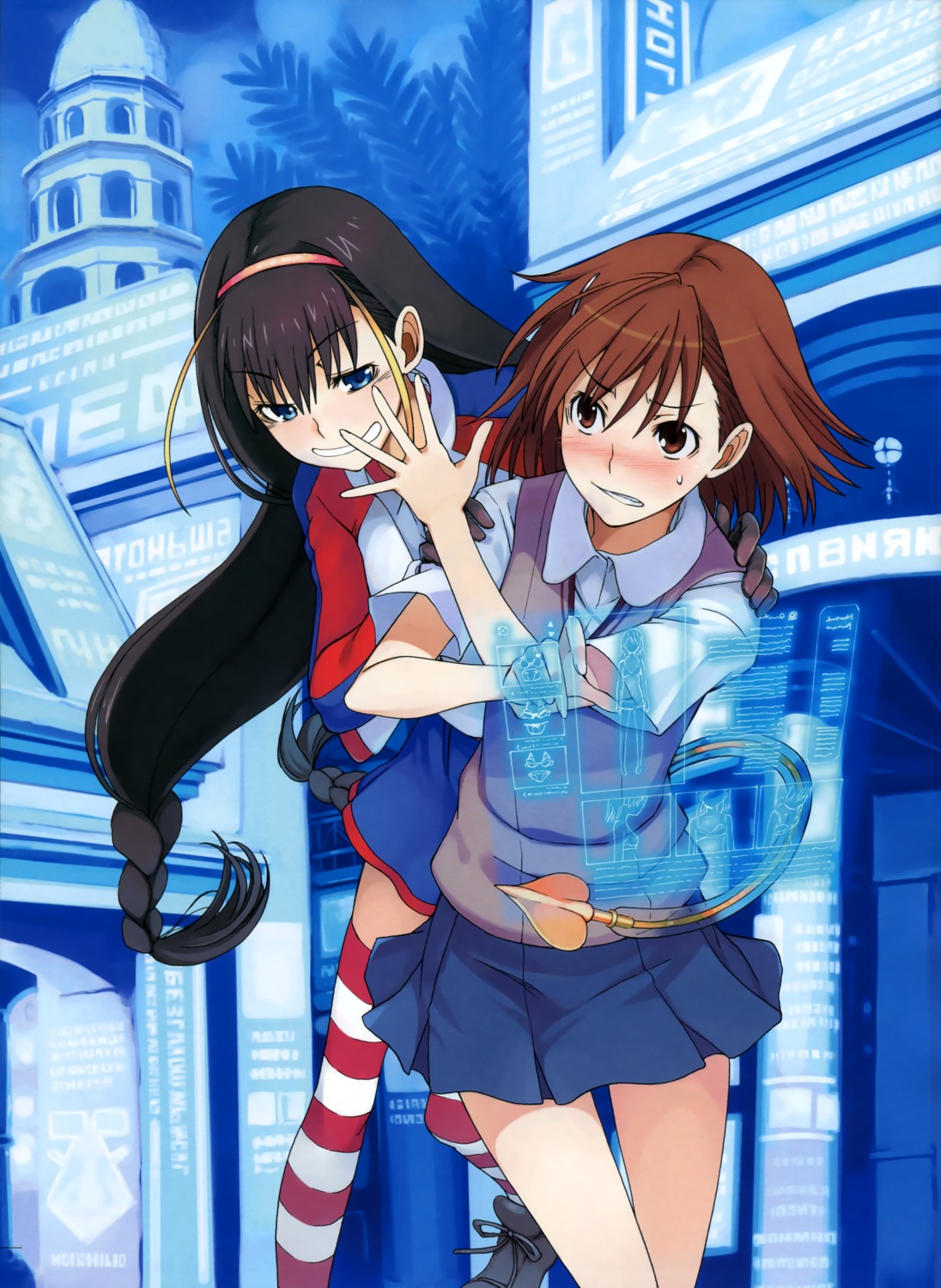 fuyukawa_motoi, lessar, misaka_mikoto, seifuku, thighhighs, toaru_kagaku_no_railgun, toaru_majutsu_no_index