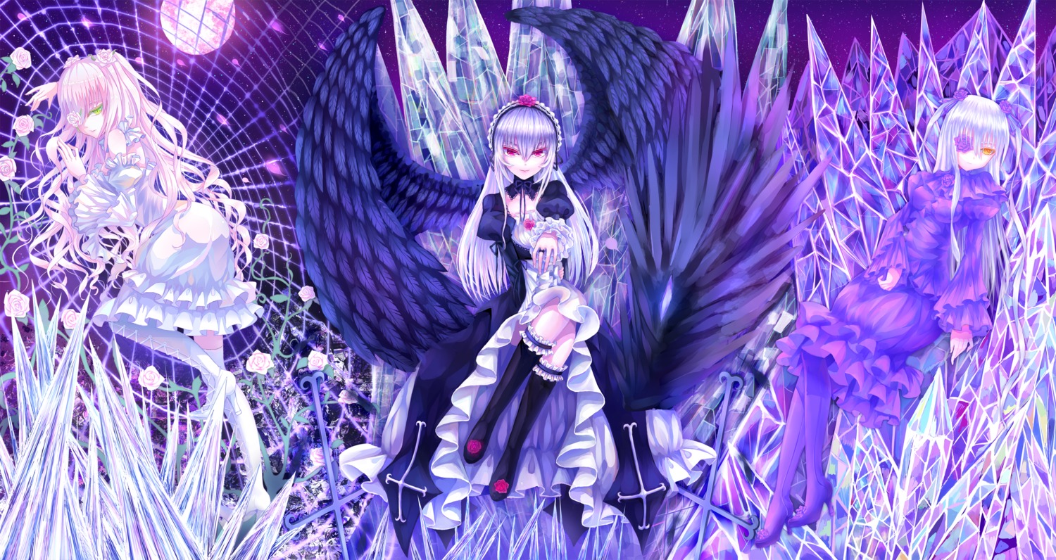 barasuishou, dress, eyepatch, gothic_lolita, kirakishou, lolita_fashion, lunatic, rozen_maiden, suigintou, thighhighs, wings