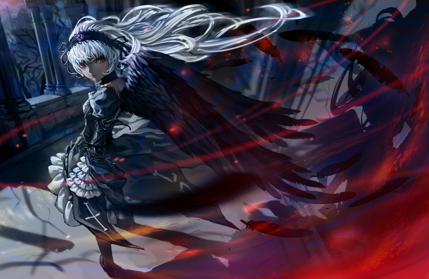 cerberus, dress, gothic_lolita, lolita_fashion, rozen_maiden, suigintou, thighhighs, wings