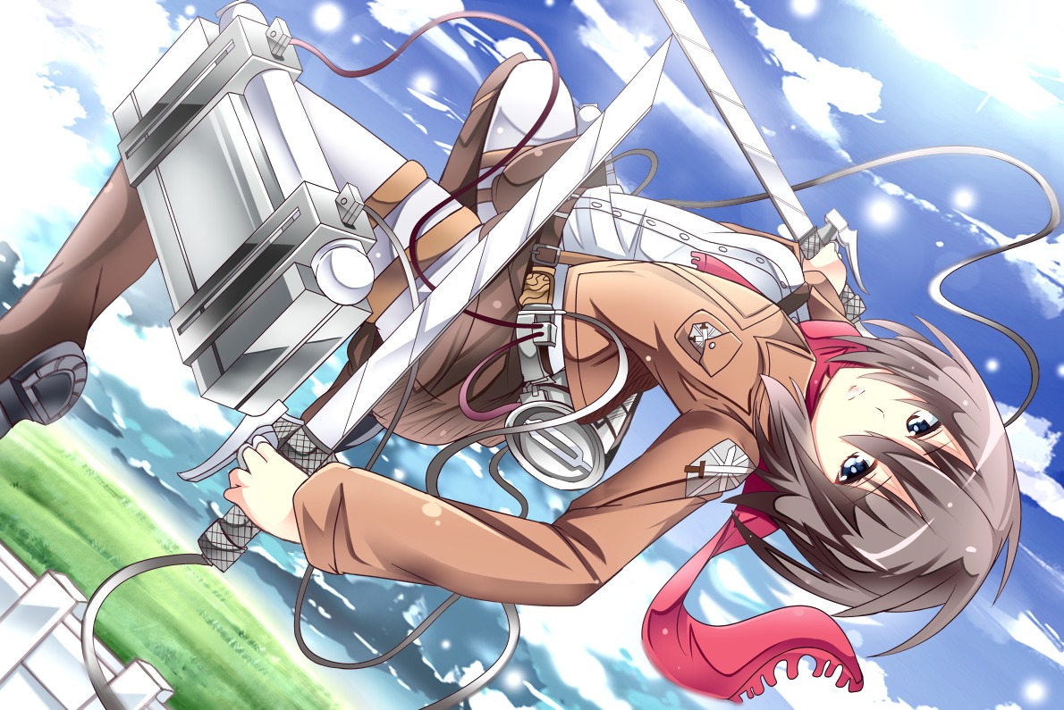 landscape, mikasa_ackerman, shinekalta, shingeki_no_kyojin, sword, uniform