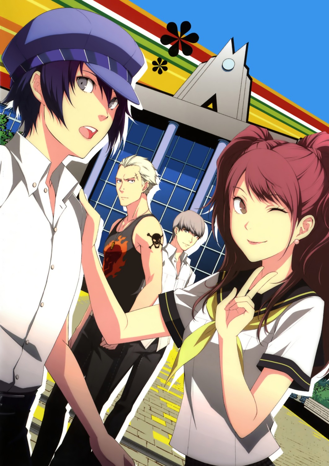 kujikawa_rise, megaten, narukami_yuu, persona, persona_4, seifuku, shirogane_naoto, tatsumi_kanji