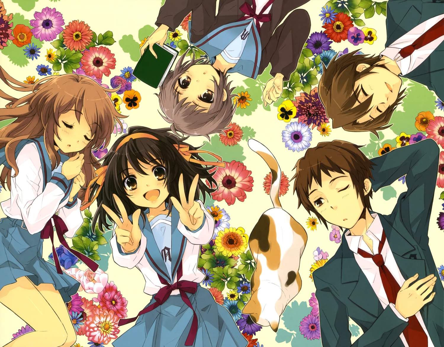 asahina_mikuru, ito_noizi, koizumi_itsuki, kyon, nagato_yuki, seifuku, shamisen, suzumiya_haruhi