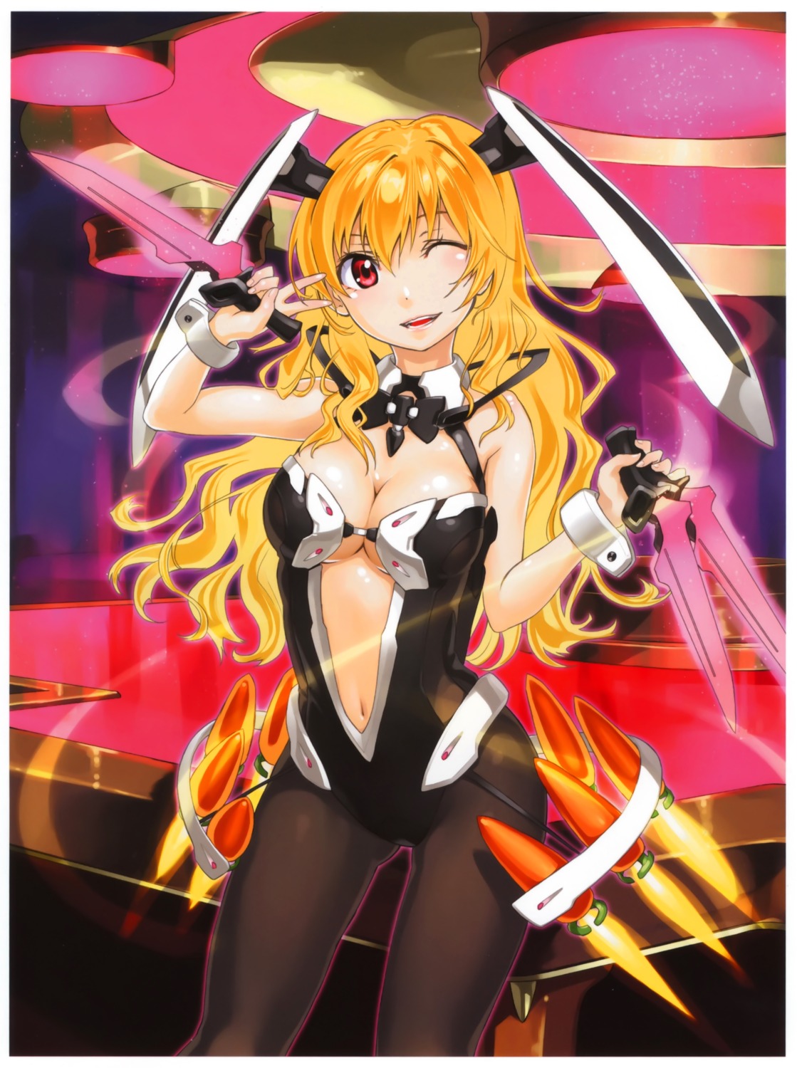 animal_ears, bunny_girl, cleavage, kaku-san-sei_million_arthur, kurogin, pantyhose, weapon