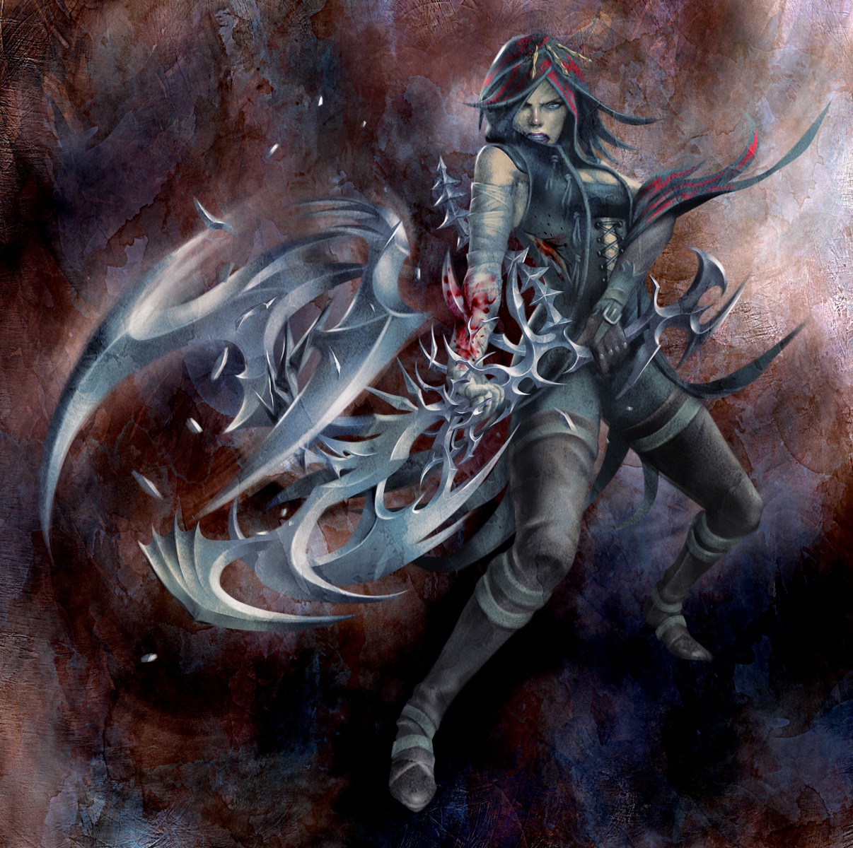 bandages, blood, cleavage, inafune_keiji, nimue, soul_sacrifice, weapon