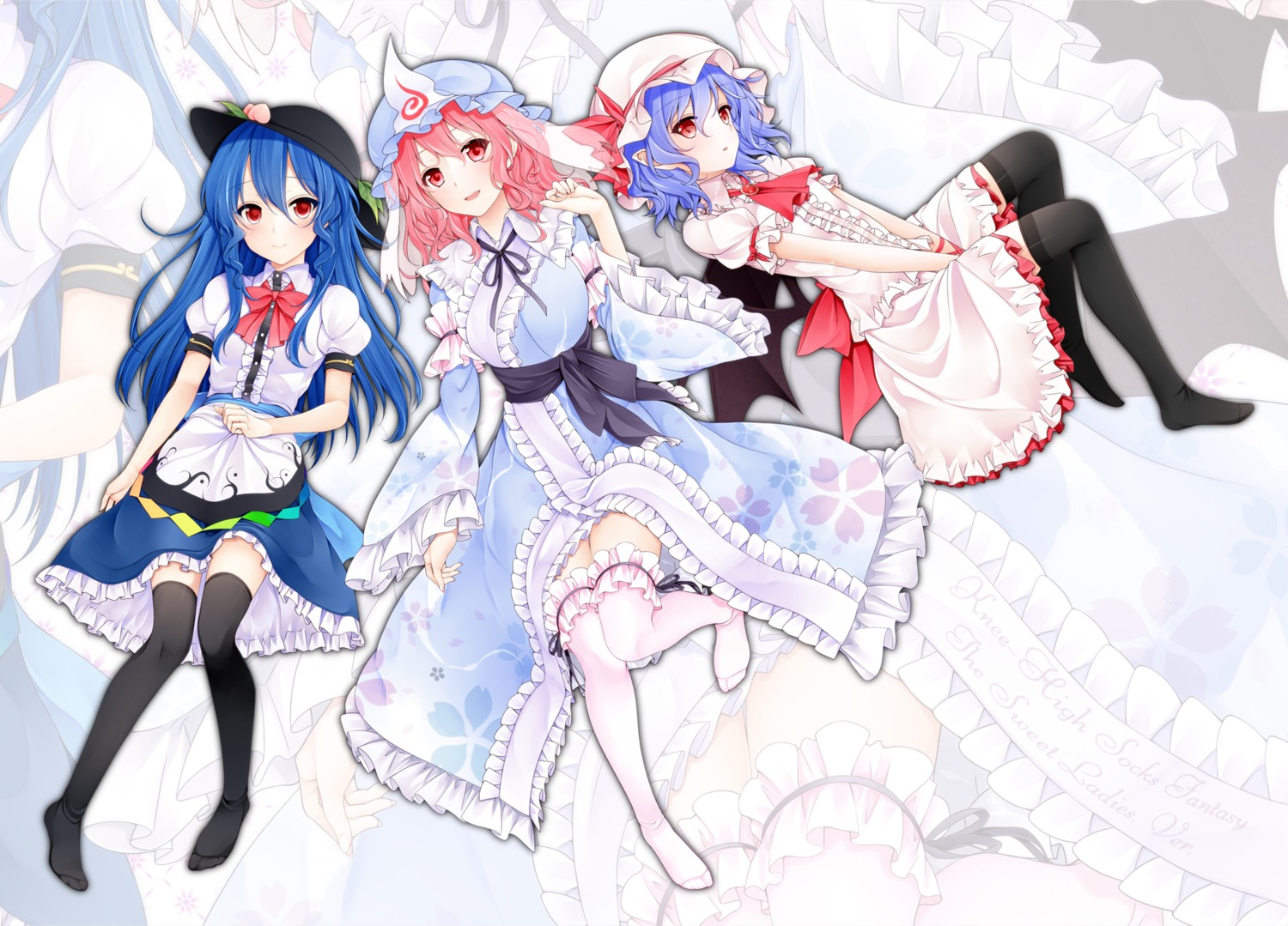 hinanawi_tenshi, remilia_scarlet, saigyouji_yuyuko, suzume_miku, thighhighs, touhou
