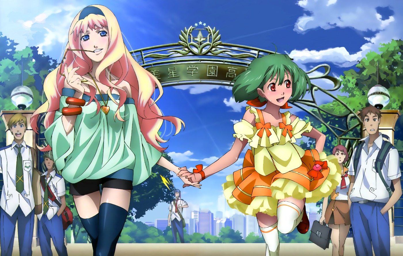 macross, macross_frontier, megane, ranka_lee, saotome_alto, seifuku, sheryl_nome, thighhighs, tsukahara_hajime