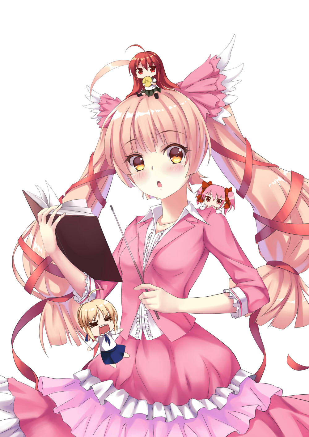 artoria_pendragon_(fate), chibi, crossover, fate/stay_night, jpeg_artifacts, kaname_madoka, mahou_shoujo_madoka_magica, murasaki_shitsu