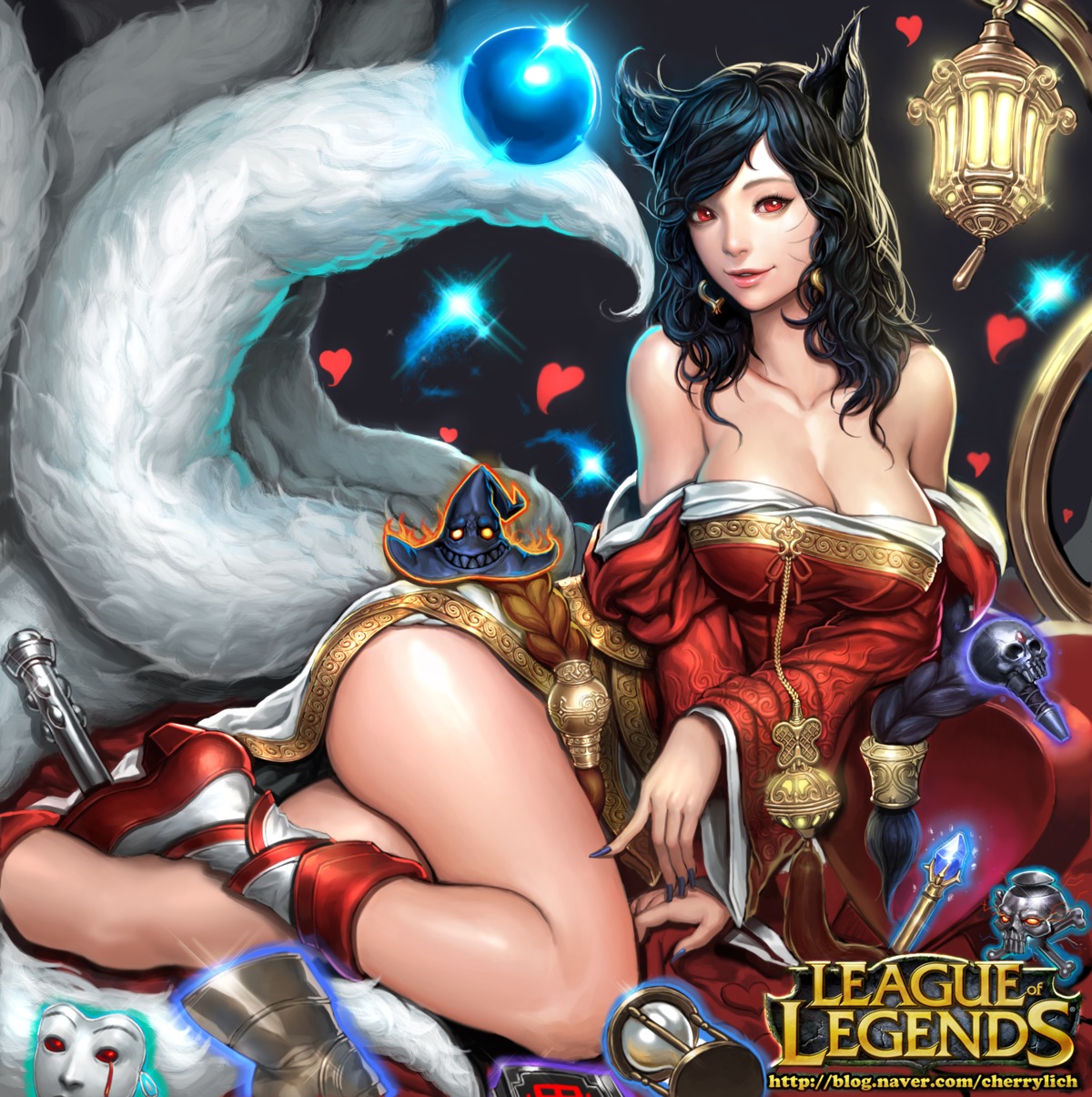 ahri, animal_ears, cleavage, kitsune, league_of_legends, shen, tail