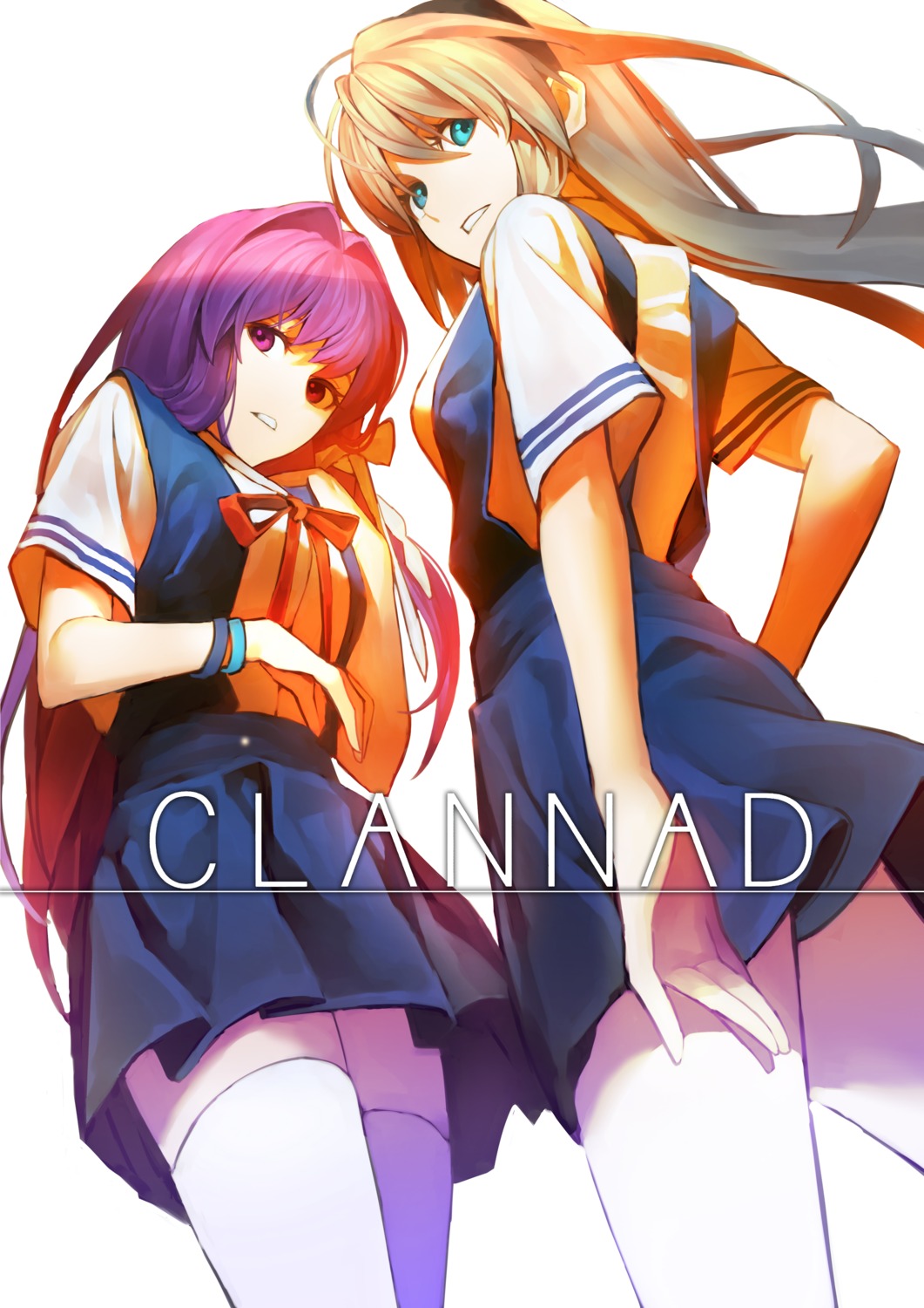 clannad, fujibayashi_kyou, jandy, sakagami_tomoyo, seifuku, thighhighs