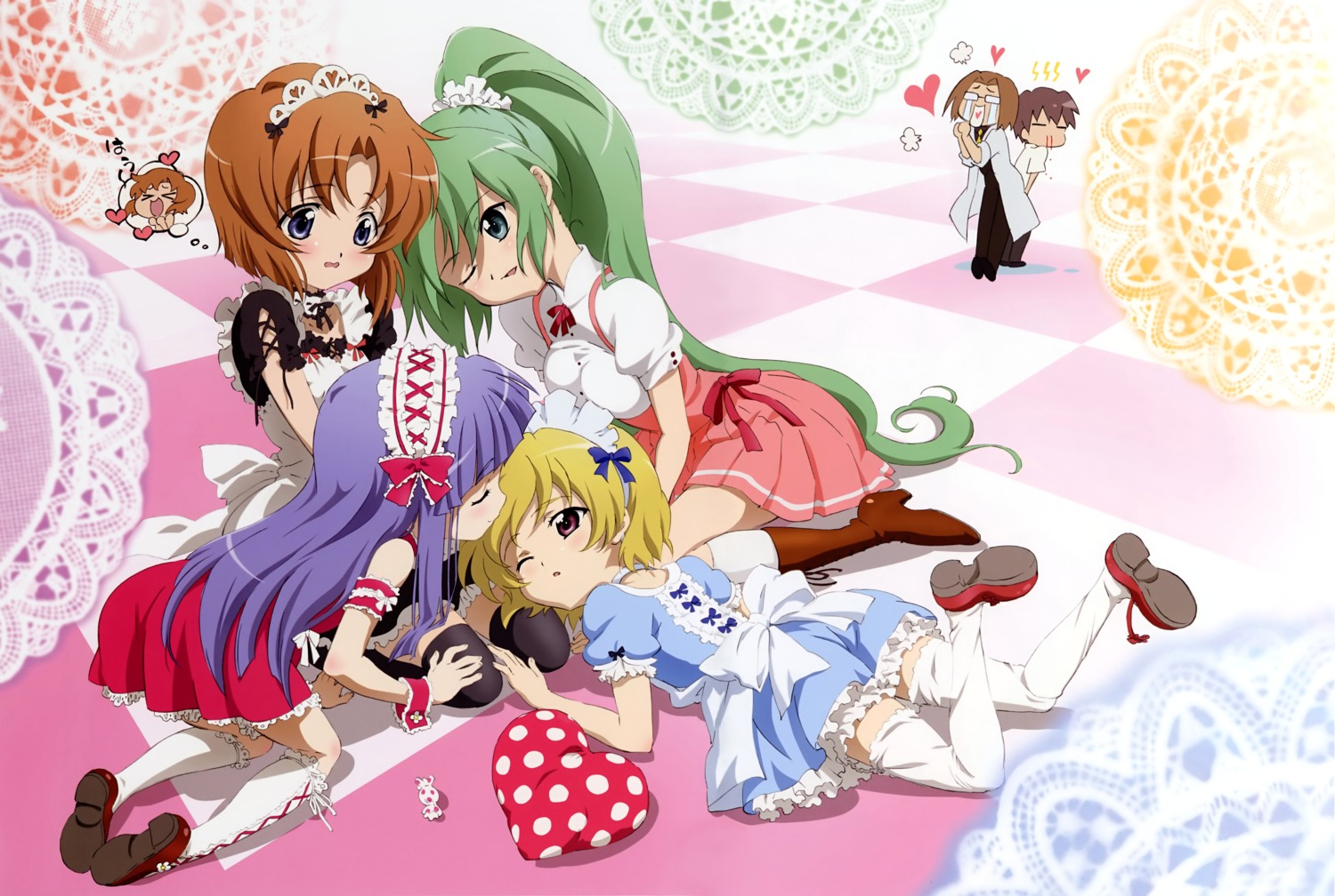 furude_rika, higurashi_no_naku_koro_ni, houjou_satoko, irie_kyousuke, maebara_keiichi, maid, ryuuguu_rena, sakai_kyuuta, sonozaki_mion, thighhighs, waitress