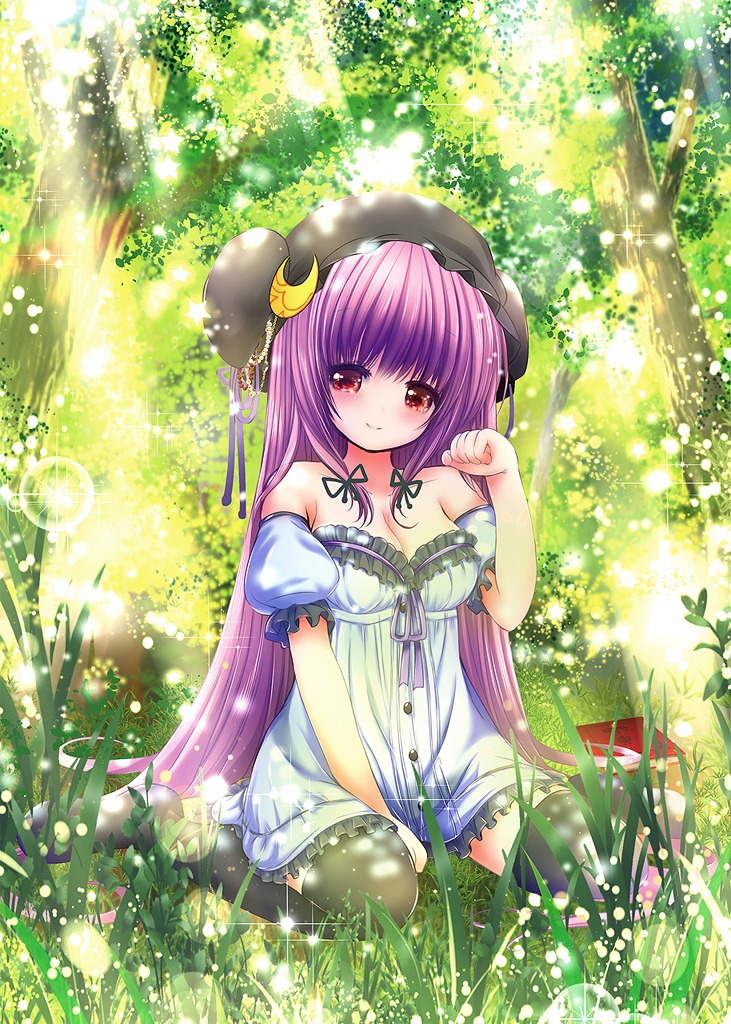catbell, cleavage, dress, patchouli_knowledge, thighhighs, touhou