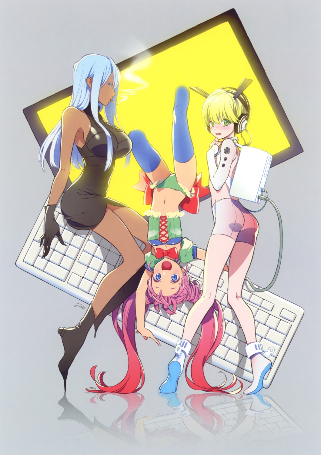 bike_shorts, headphones, pantsu, smoking, thighhighs, zekkyou