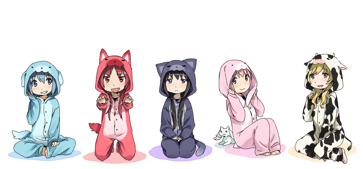 akemi_homura, kaname_madoka, mahou_shoujo_madoka_magica, miki_sayaka, pajama, sakura_kyouko, tomoe_mami, yoplait