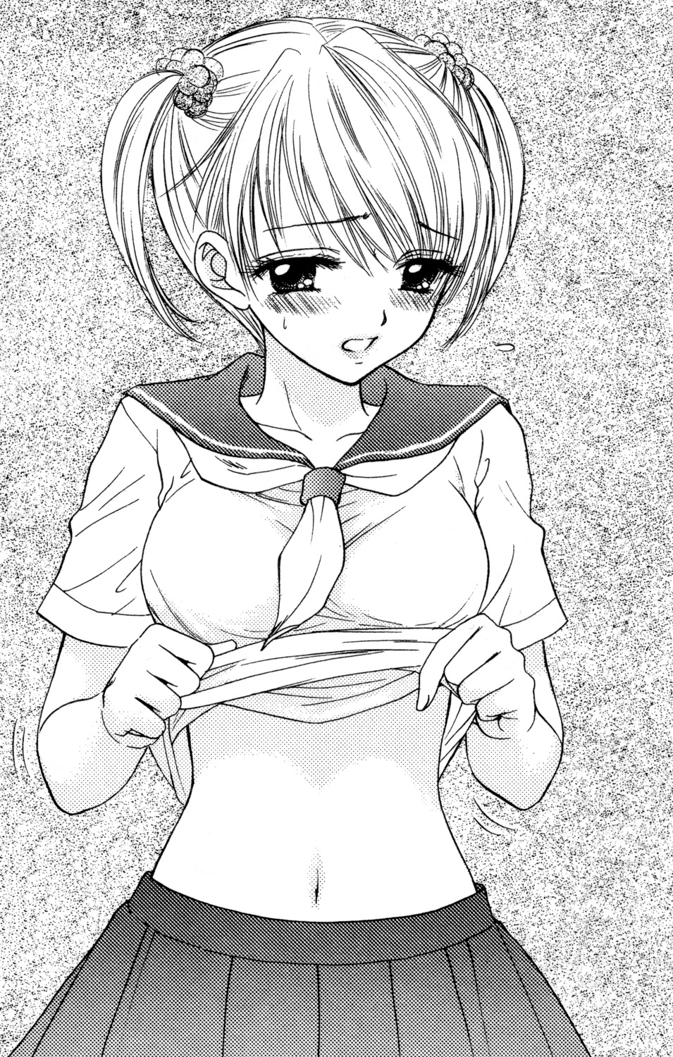 monochrome, ozaki_miray, seifuku, shirt_lift, sugimoto_ai, the_great_escape