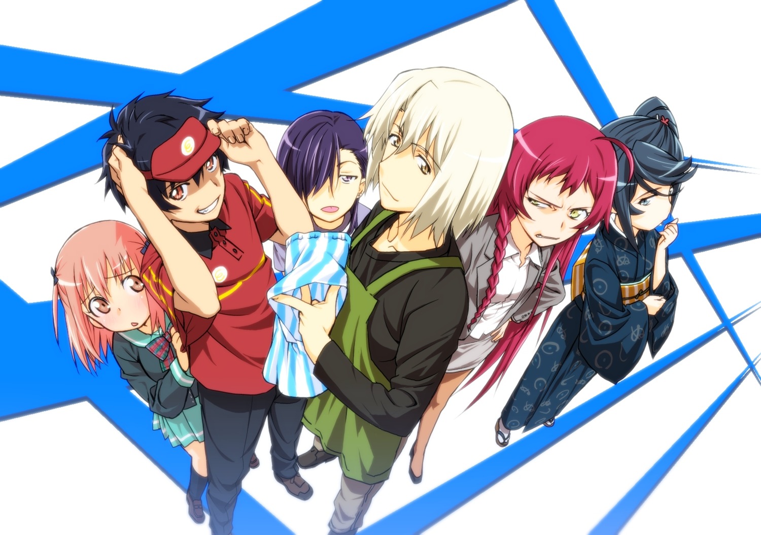 ashiya_shirou, hataraku_maou-sama!, kamazuki_suzuno, kimono, maou_sadao, pocho, sasaki_chiho, seifuku