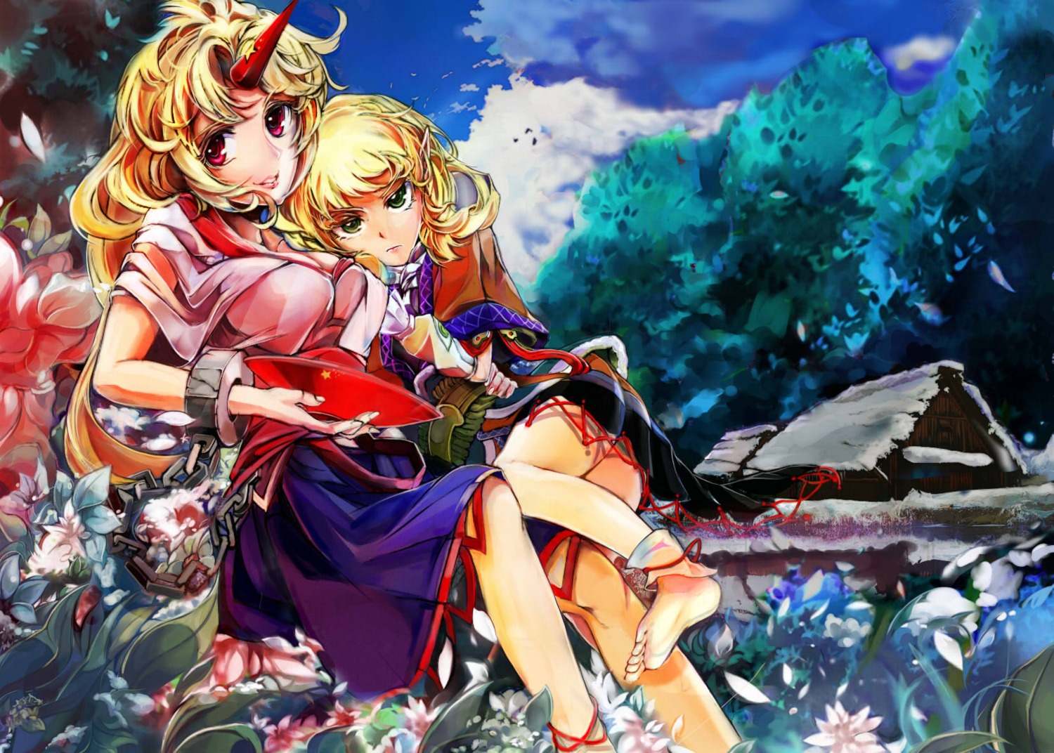 horns, hoshiguma_yuugi, mizuhashi_parsee, pantsu, poyan_noken, touhou