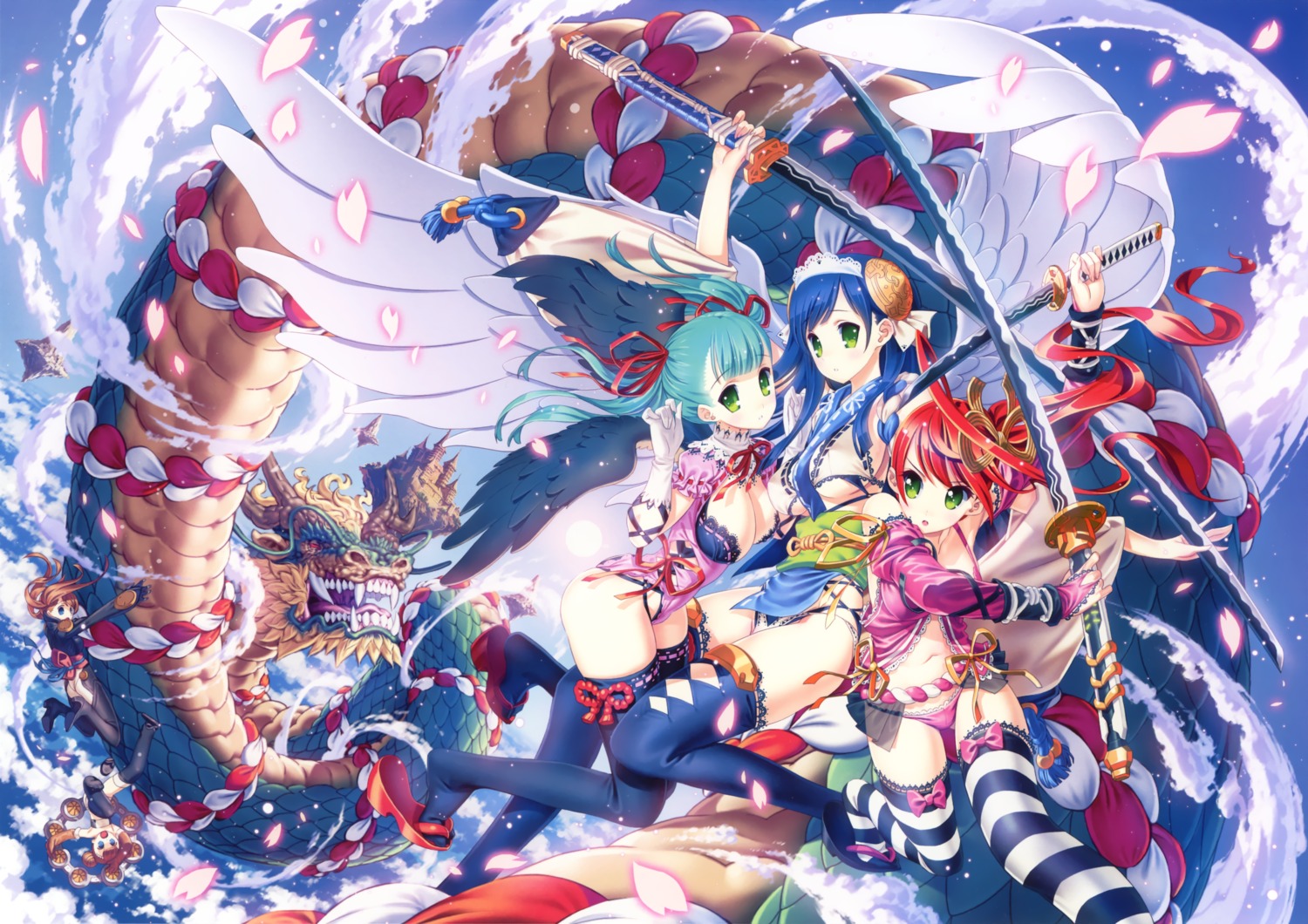 cleavage, itoh_ben, pantsu, sword, thighhighs, wings