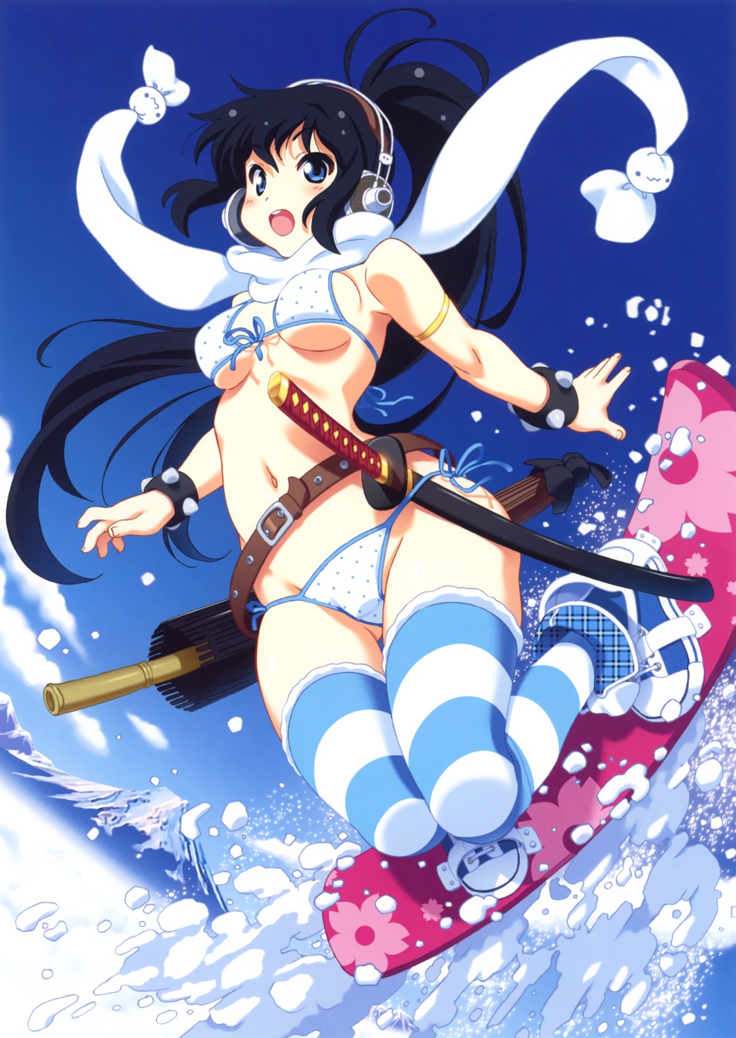 bikini, headphones, kuuchuu_yousai, swimsuits, sword, thighhighs, underboob
