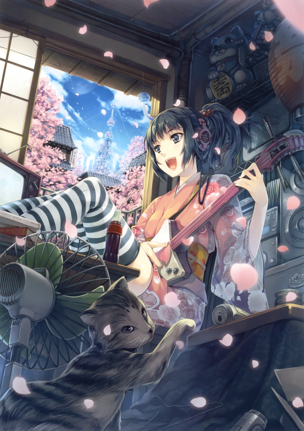 hagure_keg, headphones, kimono, neko, thighhighs
