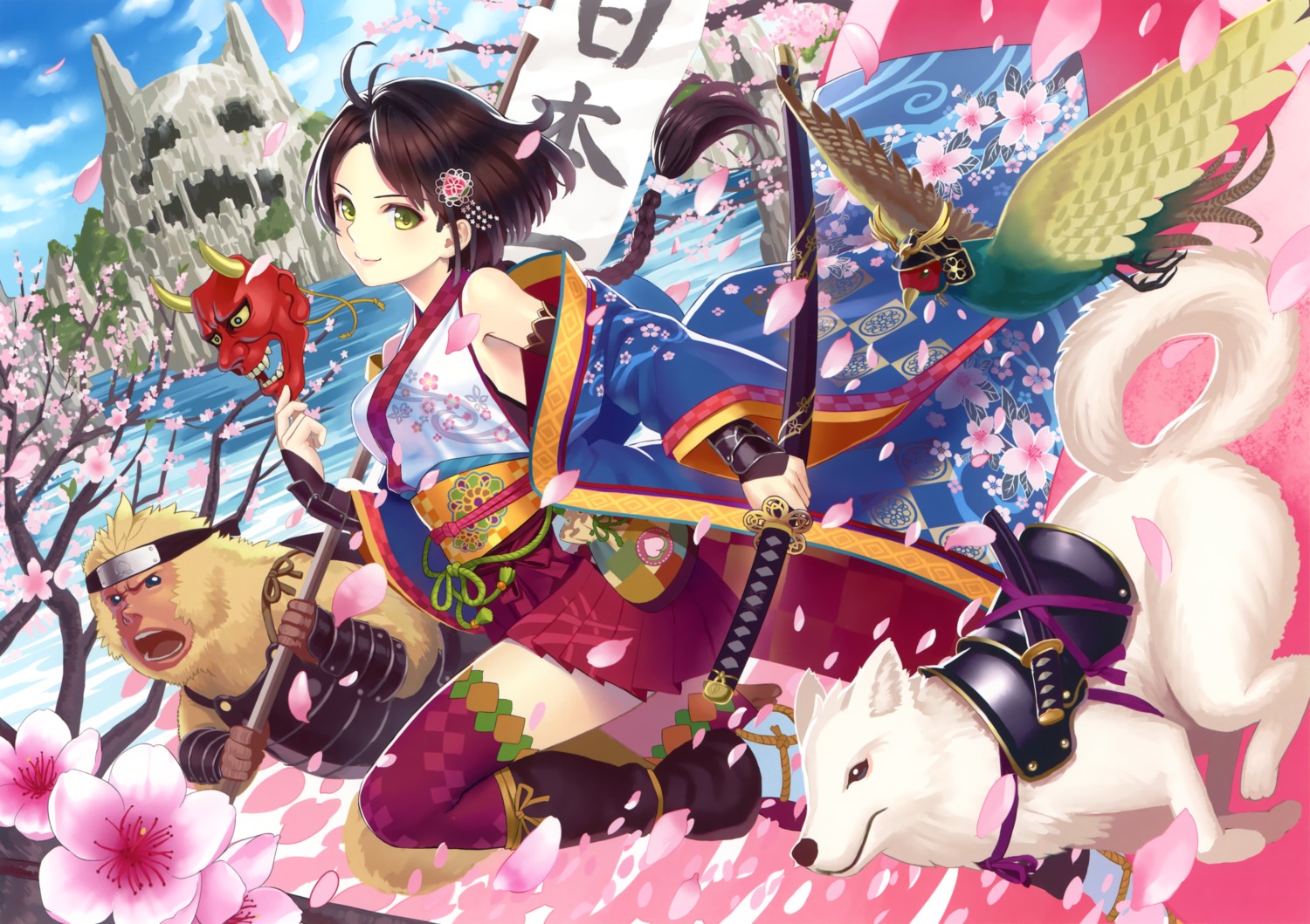 k+, momotaro, sword, thighhighs