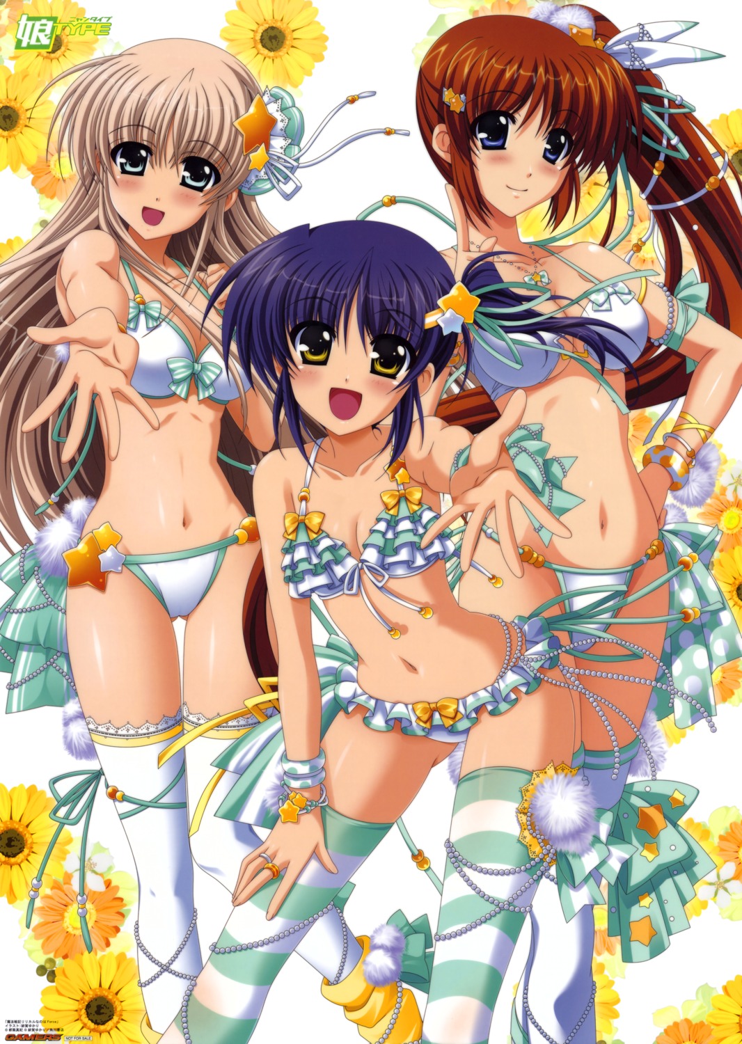 bikini, cleavage, higa_yukari, isis_eaglet, lily_strosek, mahou_senki_lyrical_nanoha_force, mahou_shoujo_lyrical_nanoha, swimsuits, takamachi_nanoha, thighhighs