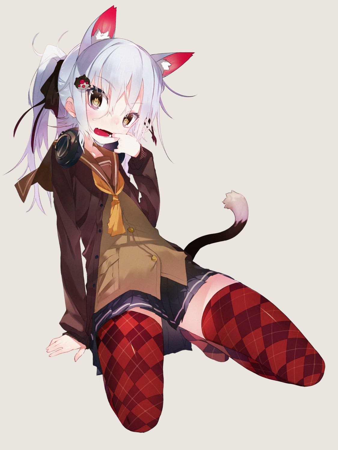 animal_ears, headphones, karei, nekomimi, seifuku, tail, thighhighs