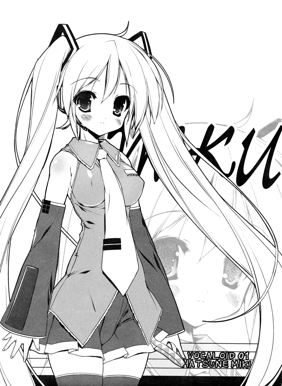 hatsune_miku, monochrome, thighhighs, uropyon, urotan, vocaloid