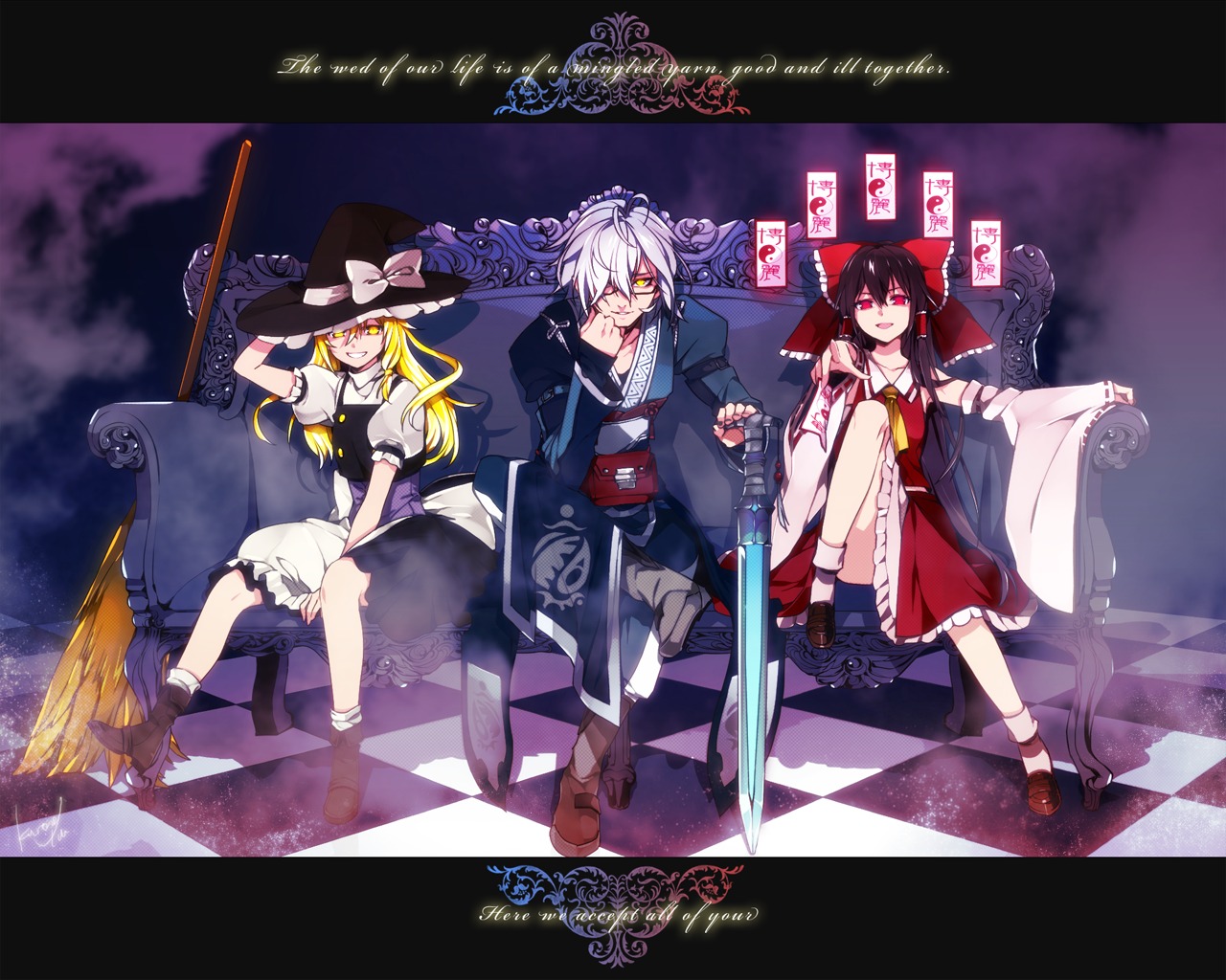 hakurei_reimu, kirisame_marisa, kurono_yuu, miko, morichika_rinnosuke, sword, touhou, wallpaper